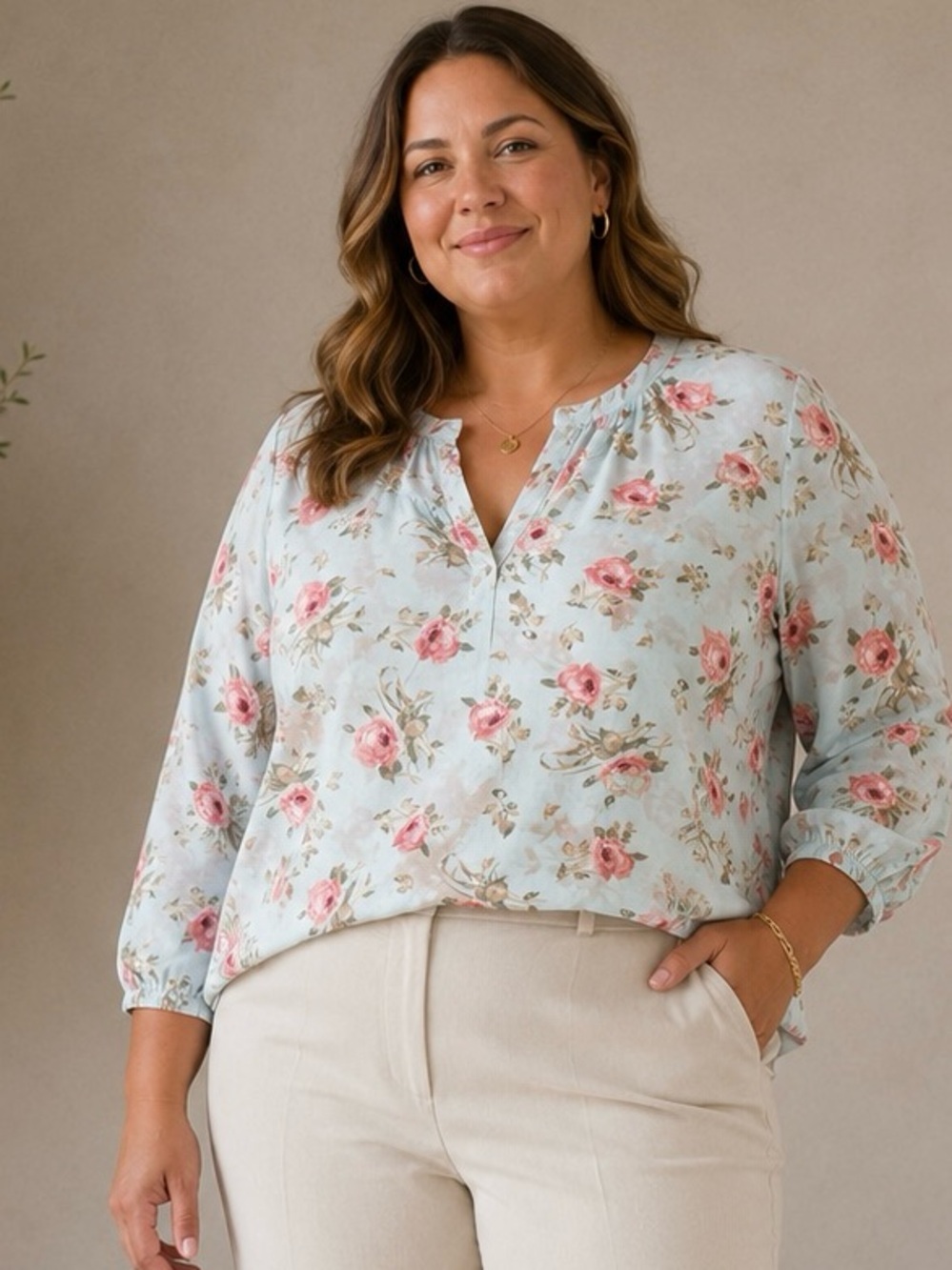 Lane Bryant Blue Floral Split-Neck Blouse with Pink Roses